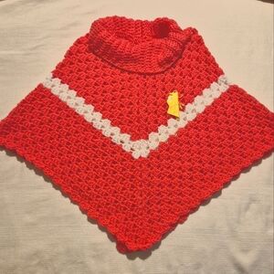 Handcrafted cowl neck poncho girls large coral with white stripe NEW